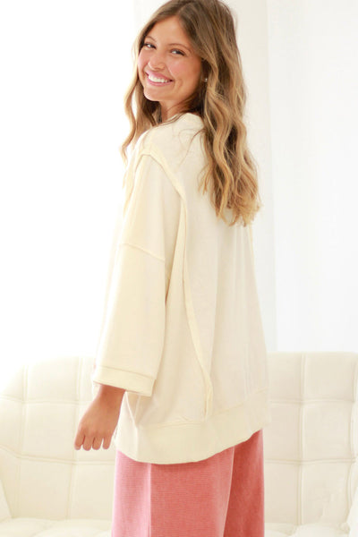 Beige Plus Size Floral Bow Pullover Sweatshirt for Women - Trendy Baggy Style with Raw Seam Detail