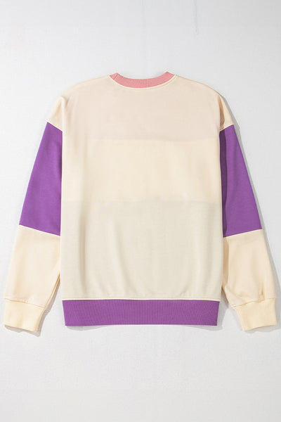 Cozy Women's Meadow Mauve Colorblock Sweatshirt - Stylish Drop Shoulder Design for Everyday Comfort and Casual Wear