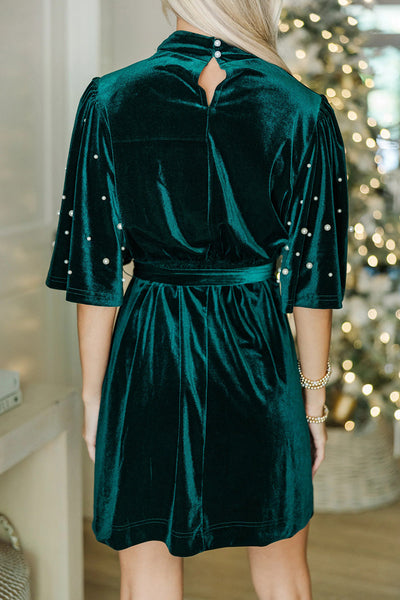 Chic Evergreen Green Velvet Mini Dress for Women with Pearl Beading, Half Sleeves, Mock Neck, and Flattering Belted Fit