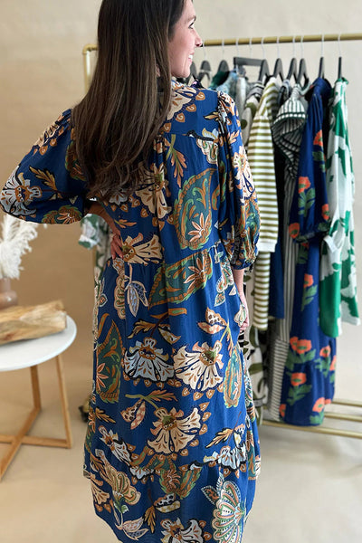 Chic Women's Blue Floral Paisley Midi Dress with Shirt Collar & 3/4 Sleeves Perfect for Stylish Summer Outings
