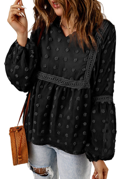 Women's Swiss Dot V-Neck Babydoll Blouse with Crochet Lace