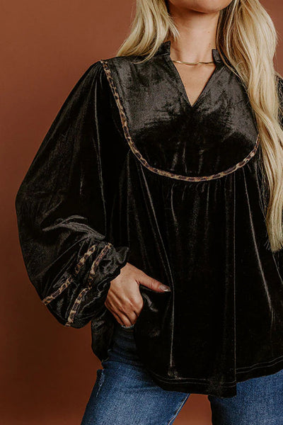 Elegant Women's Black Velvet Puff Sleeve Top with Notched Neck and Leopard Trim - Chic Casual Fashion Statement