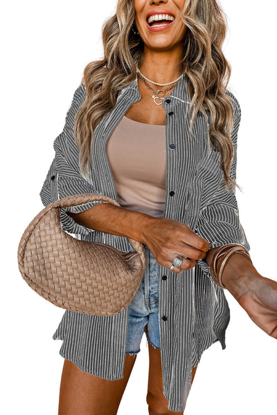 Chic Black Long Sleeve Roll-Tab Shirt for Women with Pockets - Versatile Casual Top for Effortless Everyday Style