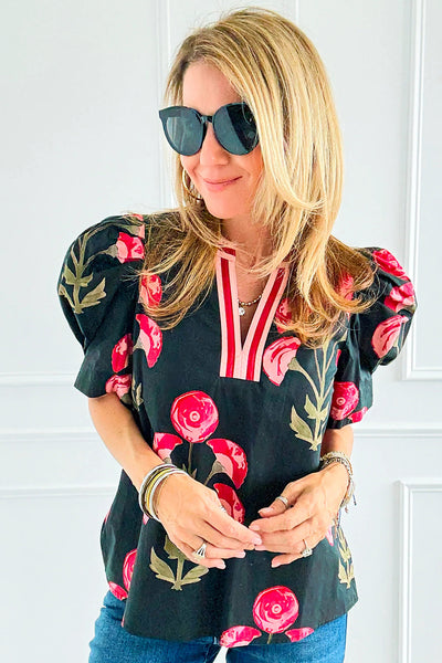 Women's Casual Elegance Black Floral Puff Sleeve Blouse with Striped Contrast - Chic V-Neck Top for Everyday Style
