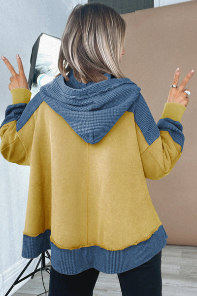 Plus Size Women's Banana Cream Waffle Hoodie with Contrast Patchwork and Convenient Pockets for Cozy Style