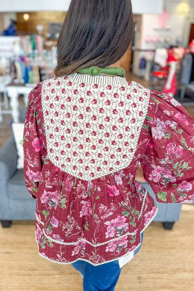 Chic Women's Red Floral Blouse with Contrast Yoke, Striped Trim & Long Puff Sleeves for Effortless Style