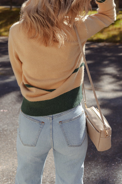 Chic Light Beige Women's Sweater with Ruffled Sleeves, Contrast Trim & Buttoned Collar for Effortless Layering