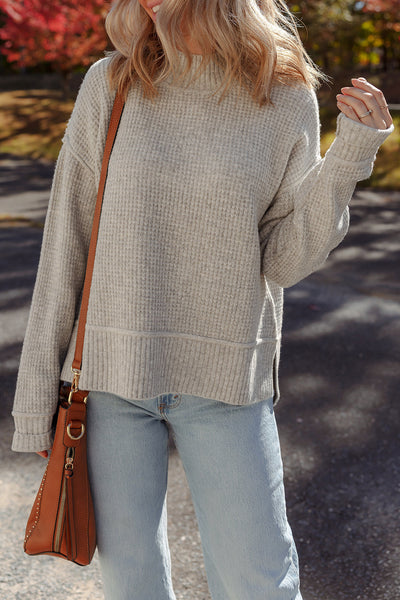 Cozy Chic Women's Gray Waffle Knit High Neck Sweater with Ribbed Details and Drop Shoulders for Effortless Style