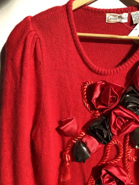 Cross Roads Red Angora Sweater w/ Satin Rose Detail