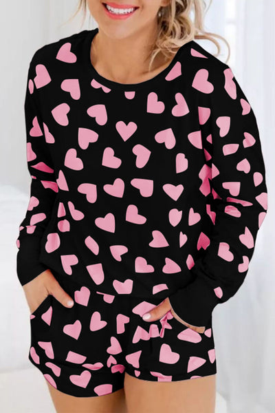 Women's Black Heart Print Long Sleeve Lounge Set with Shorts Adorable Cozy Valentine's Day Outfit for Women