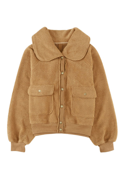 Women's Camel Sherpa Fleece Bomber Jacket with Oversized Shawl Collar