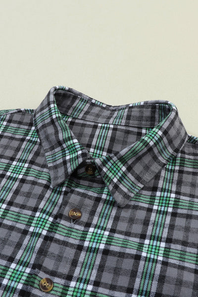 Green Plaid Patchwork Button Up Shacket with Chest Pocket