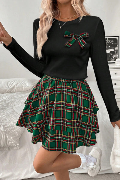 Women's Green Long Sleeve Tee with Plaid Bow & Ruffle Mini Skirt 2-Piece Set - Chic Casual Outfit for Everyday Wear