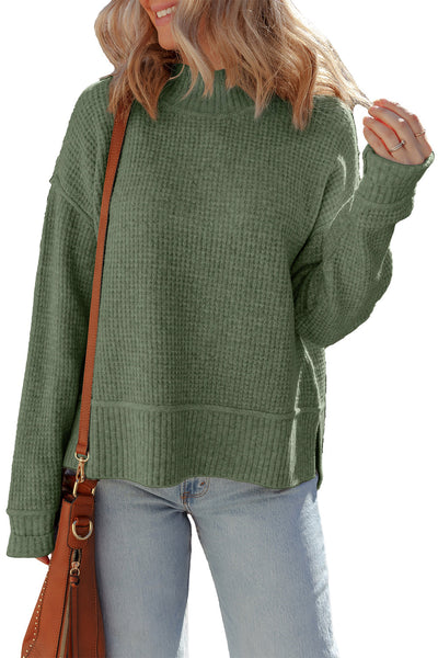 Women's Mist Green Waffle Knit High Neck Sweater