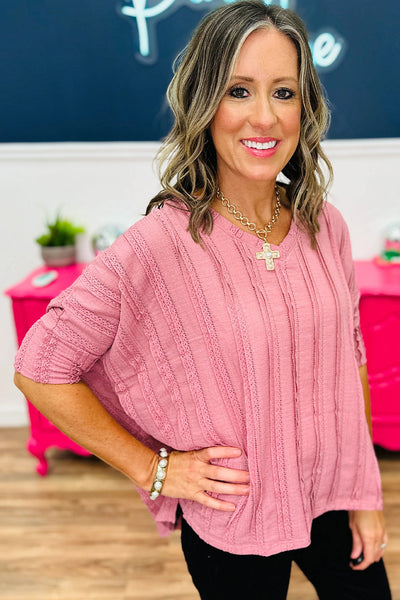 Elegant Women's Peach Blossom Lacy Striped 3/4 Sleeve Dolman Blouse - Chic Lightweight Top for Spring & Summer Styles