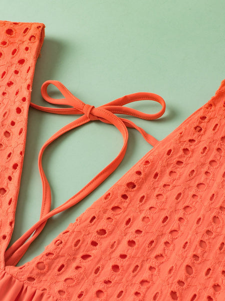 Elegant Eyelet Babydoll Dress with Carrot Contrast Bodice