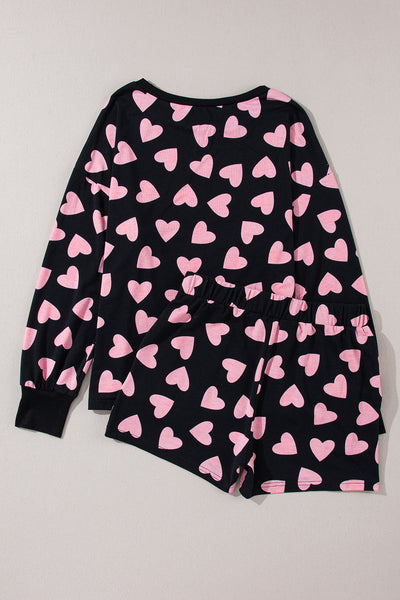 Women's Black Heart Print Long Sleeve Lounge Set with Shorts Adorable Cozy Valentine's Day Outfit for Women