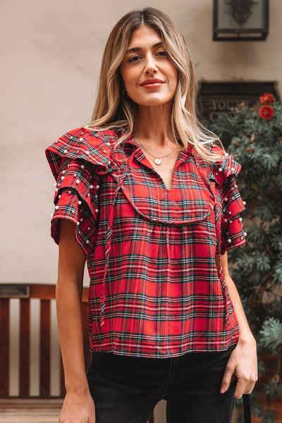 women's pearl-embellished red plaid ruffle sleeve blouse made for easy styling and wardrobe coordination, with premium-like structure and finish. with