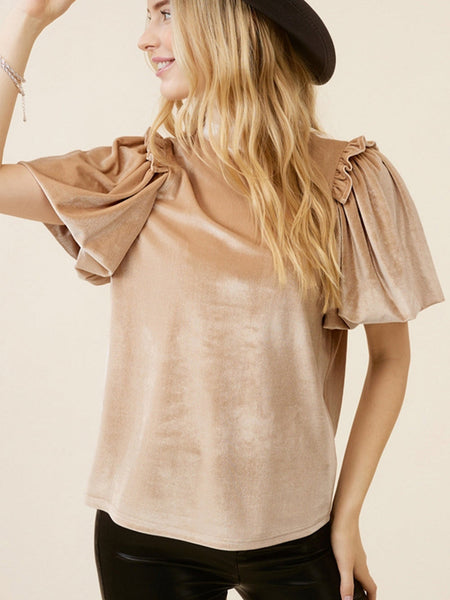 Romantic French Beige Ruffled Puff Sleeve Mock Neck Velvet Blouse
