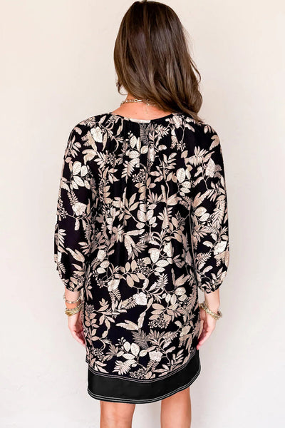 Women's Botanical Print Split Neck Mini Dress with 3/4 Sleeves