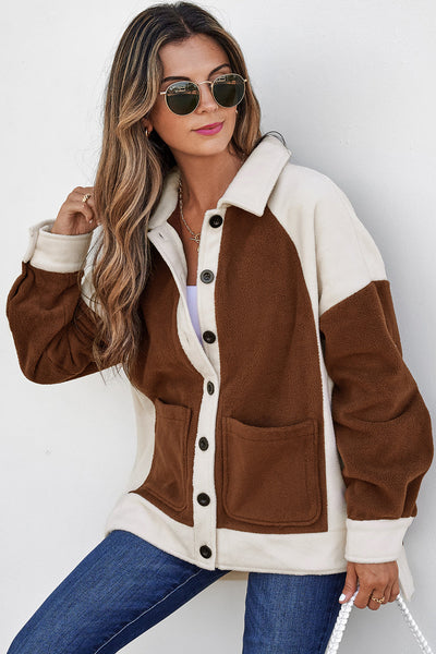 Women's Brown Color Block Fleece Shacket and Button-Down Shirt with practical styling and dependable silhouette control.