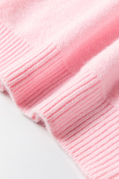 Cozy Women's Pink Knitted Sweater with Floral Design & Ribbed Edges - Perfect for Casual Outings and Everyday Style