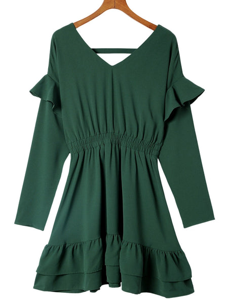 Women's Casual V-Neck Long Sleeve Commuter Dress