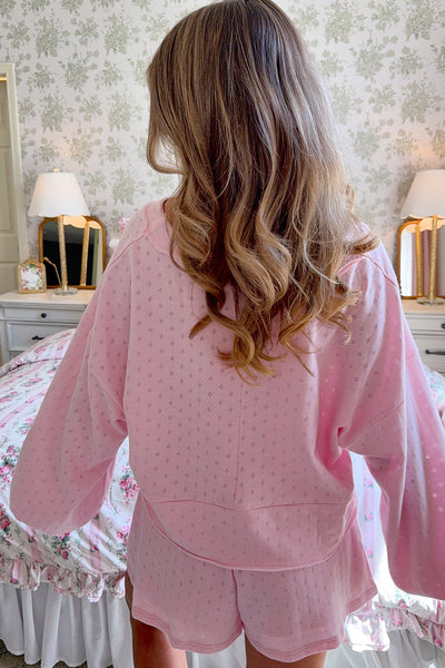 Women's Light Pink Pointelle Long Sleeve Top & Drawstring Shorts Set - Stylish Casual 2-Piece Outfit for Comfort