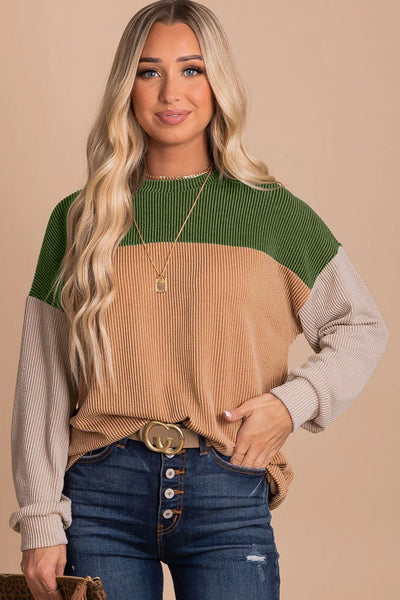 Stylish Women's Green Color Block Ribbed Long Sleeve Top - Relaxed Fit for Comfortable Everyday Casual Wear