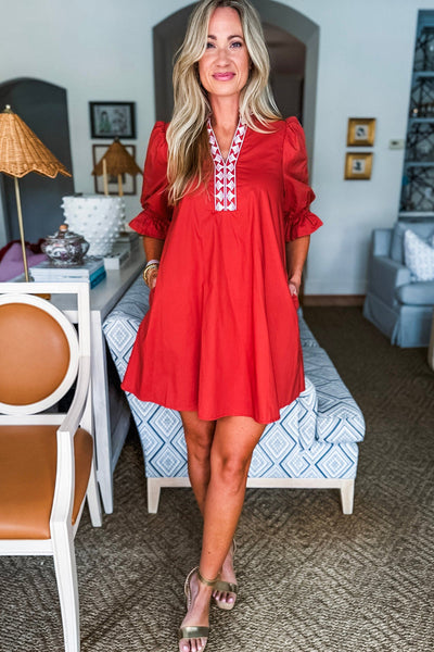 Chic Women's Fiery Red Mini Dress with Flounced Half Sleeves, Embroidery Detail, and Trendy Split Neck Design