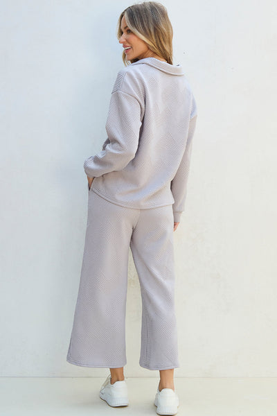 Stylish Women's Light Grey V-Neck Top with Collared Detail & Comfy Wide Leg Pants Set for Effortless Everyday Wear