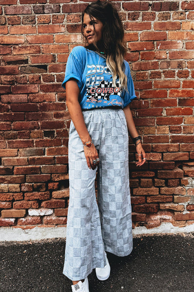 Stylish Women's Sky Blue Loose Denim Pants with Frills, Elastic Waist, and Checkered Design for Comfort and Versatility