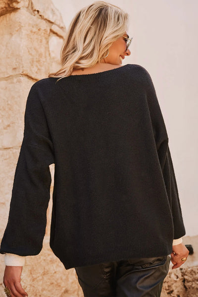 Women's Cozy Black Heart Sweater with Contrast Cuffs, Relaxed Fit for Casual Outings and Stylish Layering