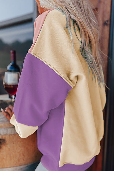 Cozy Women's Meadow Mauve Colorblock Sweatshirt - Stylish Drop Shoulder Design for Everyday Comfort and Casual Wear