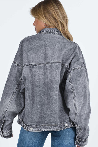 Casual Women's Gray Denim Jacket with Chest Pockets, Drop Shoulder Design, Relaxed Fit for Effortless Everyday Style