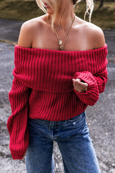 Cozy Women's Off-the-Shoulder Knit Sweater in Racing Red - Stylish Fall Fashion for Casual Outings and Everyday Wear