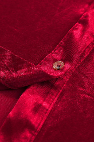 Chic Women's Fiery Red Velvet Long Sleeve Ruffle Dress - Stylish Button-Up Fit Perfect for Special Occasions