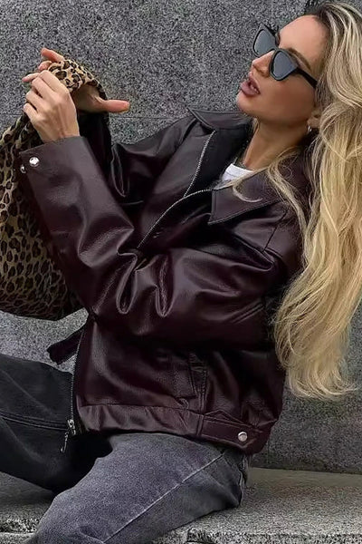 Women's Retro Zip-Up Leatherette Jacket with Elastic Hem in Wild Ginger - Stylish, Comfortable, and Versatile Outerwear