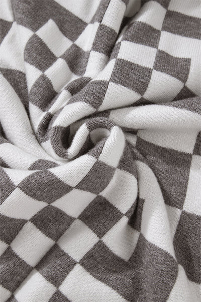 Cozy Gray Checkered Drop Shoulder Sweater for Women - Chic Round Neck Knit Top for Effortless Casual Style