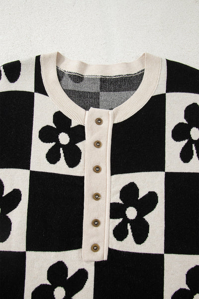 Women's Floral Checkerboard Henley Sweater in Soft Viscose Blend