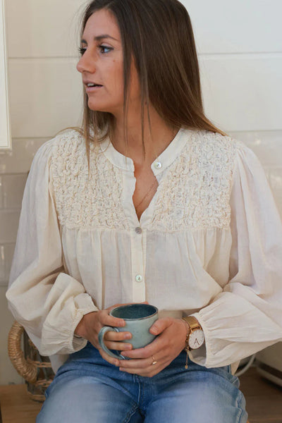 Stylish Beige Floaty Blouse for Women - Smocked Chest, Elastic Cuffs, Loose Fit for Ultimate Comfort