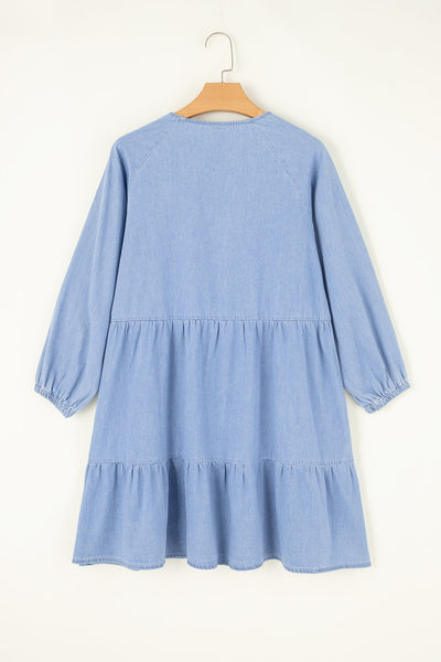 Flirty Women's Beau Blue Chambray Mini Dress with Puff Sleeves, V-Neck, and Tiered Ruffles for Summer Style