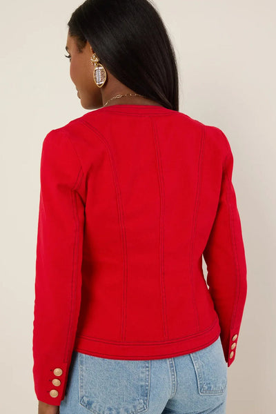 Chic Women's Fiery Red Tailored Jacket with Patched Pockets and Gold Buttons - Stylish Outerwear for Every Occasion