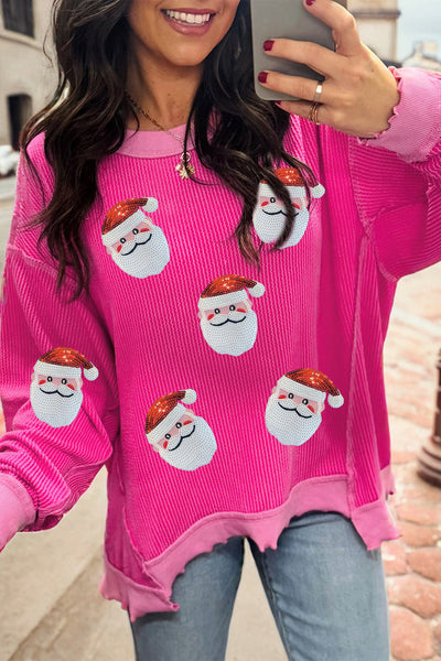 Women's Pink Sequin Santa Ribbed Knit Christmas Top