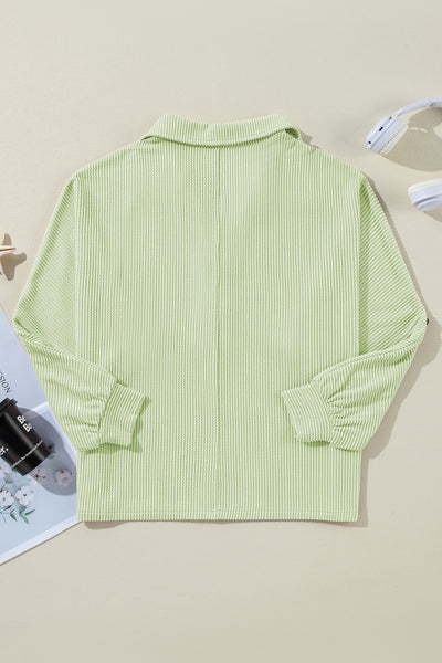 Aqua Oversized Ribbed Henley Top for Women with Roll-Up Sleeves - Stylish, Comfy, and Versatile for Everyday Wear