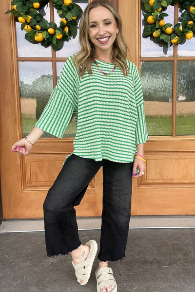 Stylish Women's Green Stripe High Low Top with Bracelet Sleeves - Comfortable Casual Everyday Wear for Effortless Style