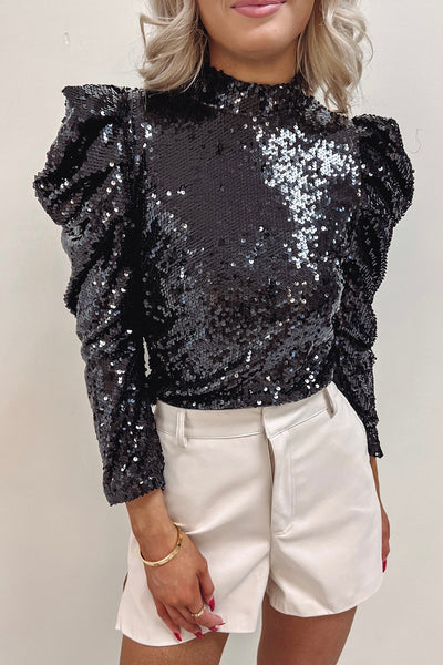 Elegant Black Sequin Bubble Sleeve Top for Women's Night Out - Chic Mock Neck Design, Perfect for Parties and Events