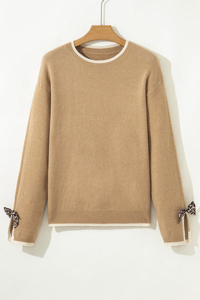 Women's Camel Knit Pullover with Leopard Bow Cuffs