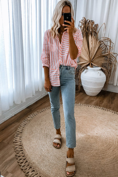 Women's Casual Long Sleeve Pink Striped Button-Up Shirt - Stylish Everyday Top for Effortless Outfits