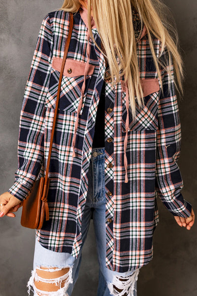 Women's Pink Plaid Shacket with Hood & Drawstring - Trendy Layering Jacket for Effortless Casual Style